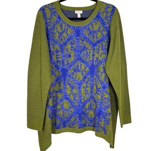 LOGO Lori Goldstein Ribbed Sweater Women's 1X Olive Green Blue Shark Bite Hem